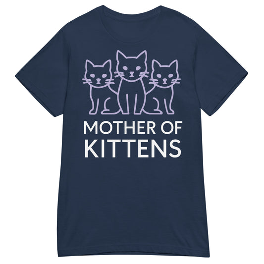 Navy women's T-shirt, front view, featuring the Mother of Kittens Three Cats design