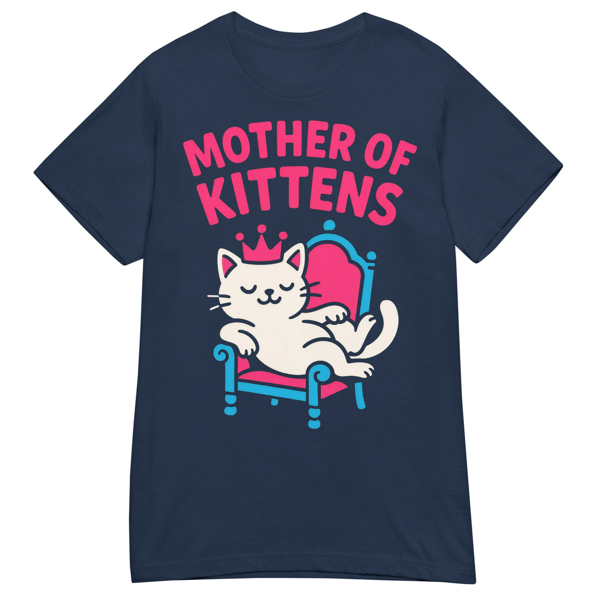 Navy women's T-shirt, front view, featuring the Mother of Kittens Queen Cat design