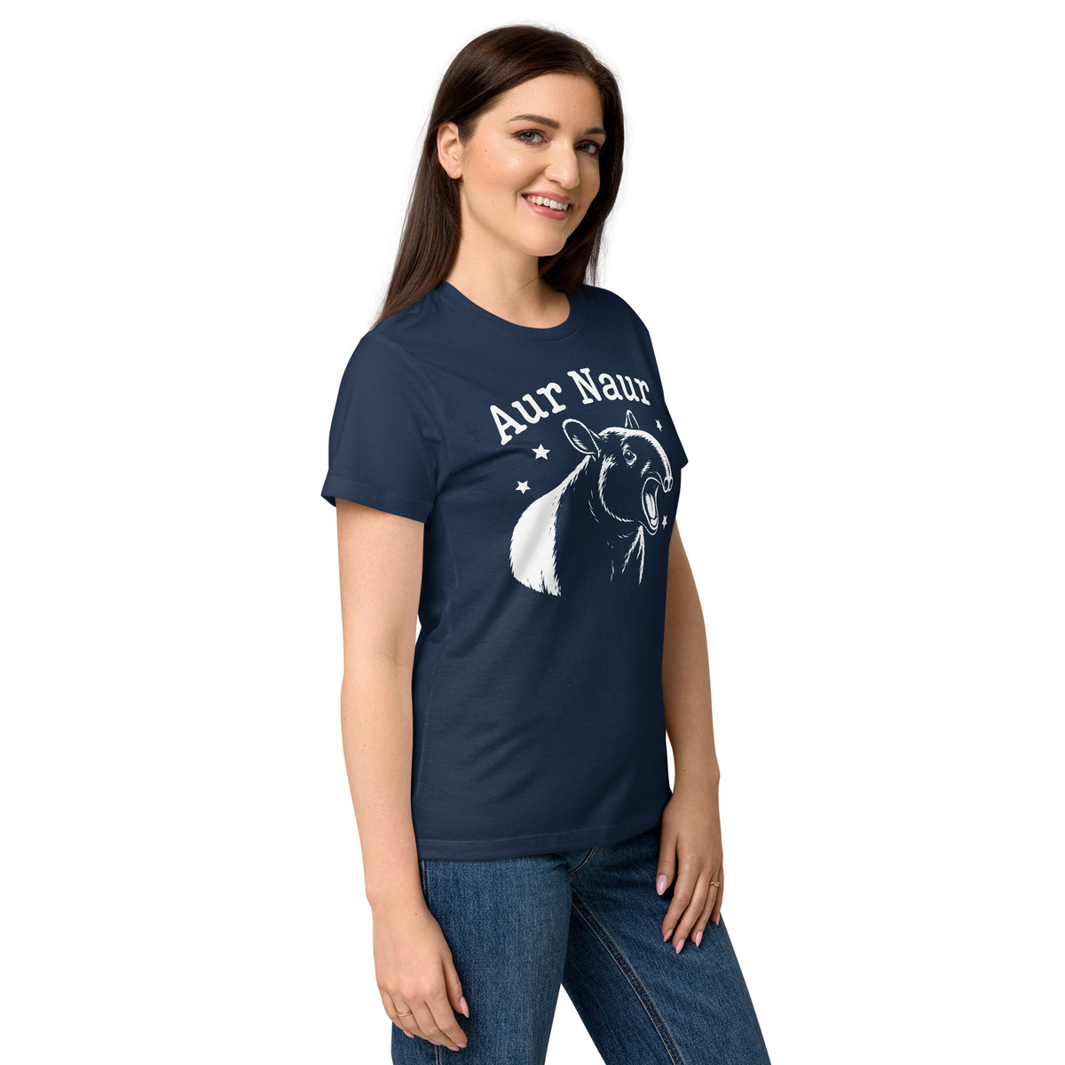 Navy women's graphic T-shirt, right-front angled view, featuring Aur Naur white tapir portrait, stars and lettering.