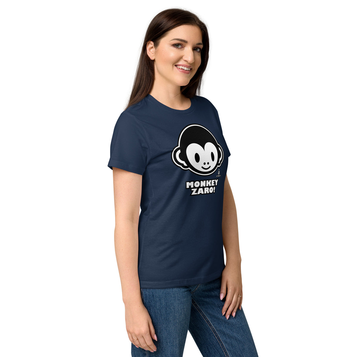 Navy women's graphic T-shirt, right-front angled view, featuring Monkey Zaro! white cartoon monkey face and lettering.