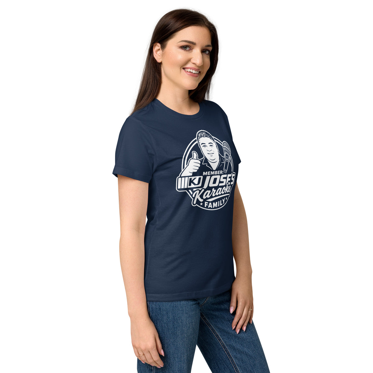 Navy women's T-shirt, right-front angled view, featuring KJ Jose's Karaoke Family portrait and microphone badge.
