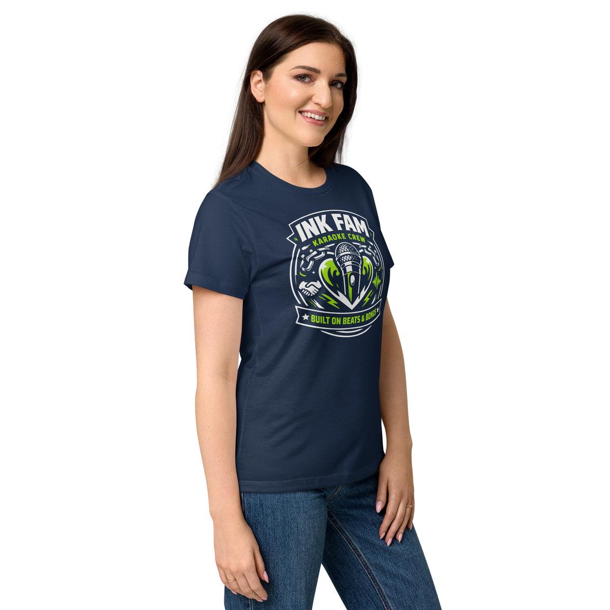 Navy women's T-shirt, right-front angled view, featuring DJ Ink Beats & Bonds shield with a microphone and green-and-white lettering.