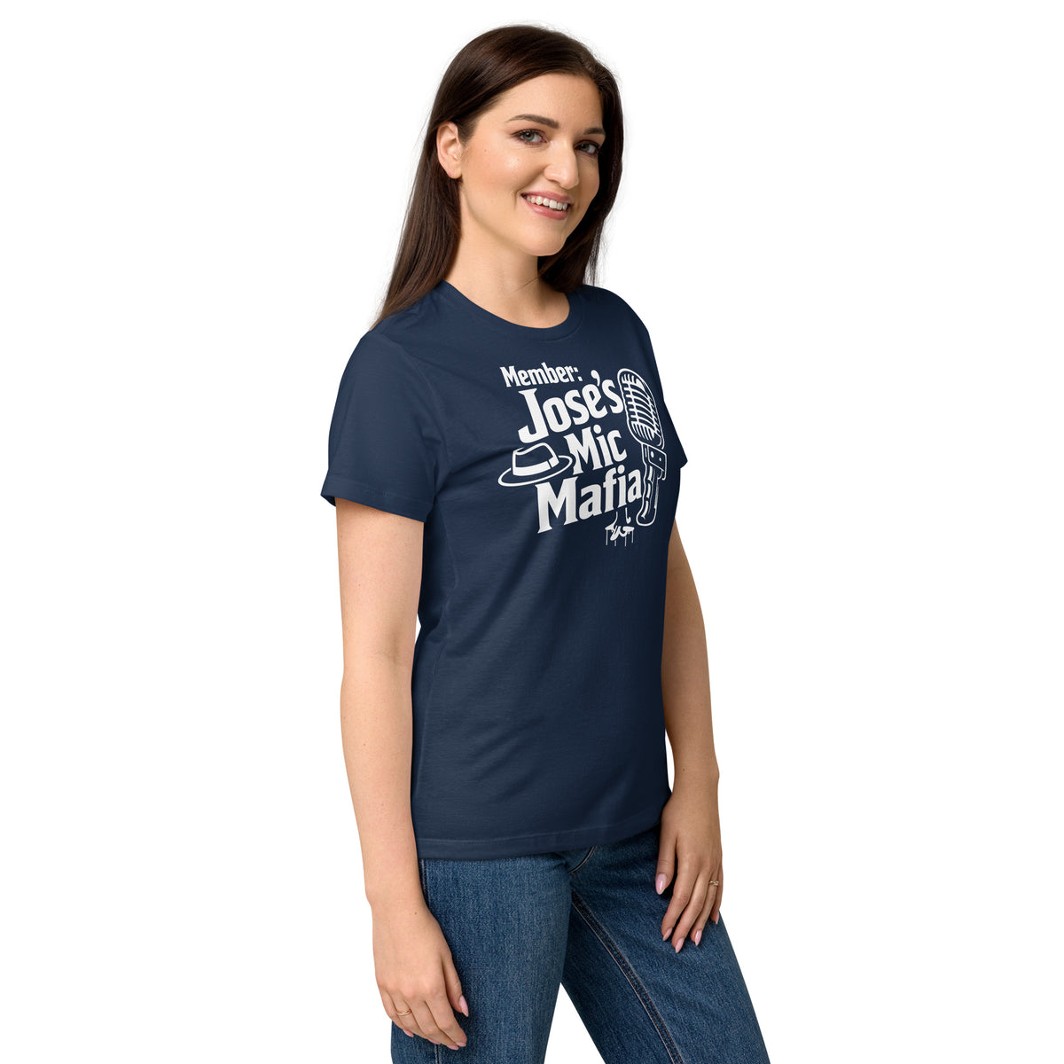 Navy women's T-shirt, right-front angled view, featuring Jose's Mic Mafia microphone and fedora design.