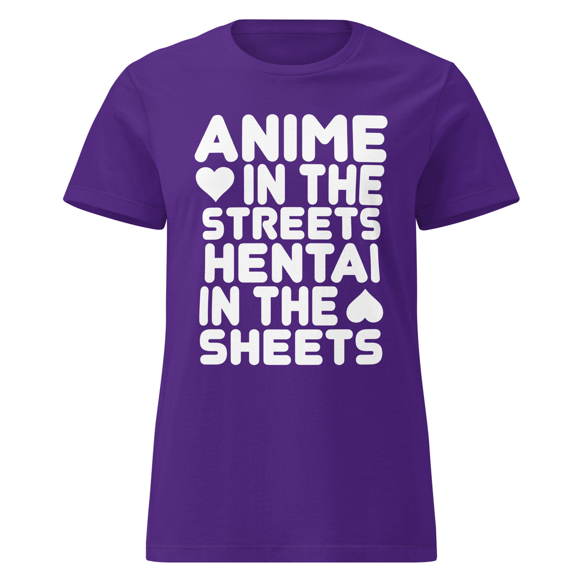 Purple women's T-shirt, front view, featuring the Anime in the Streets / Hentai in the Sheets softstyle t-shirt design