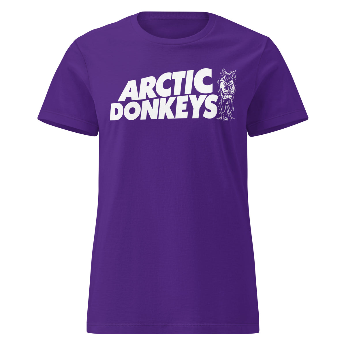 Purple women's T-shirt, front view, featuring the Arctic Donkeys design