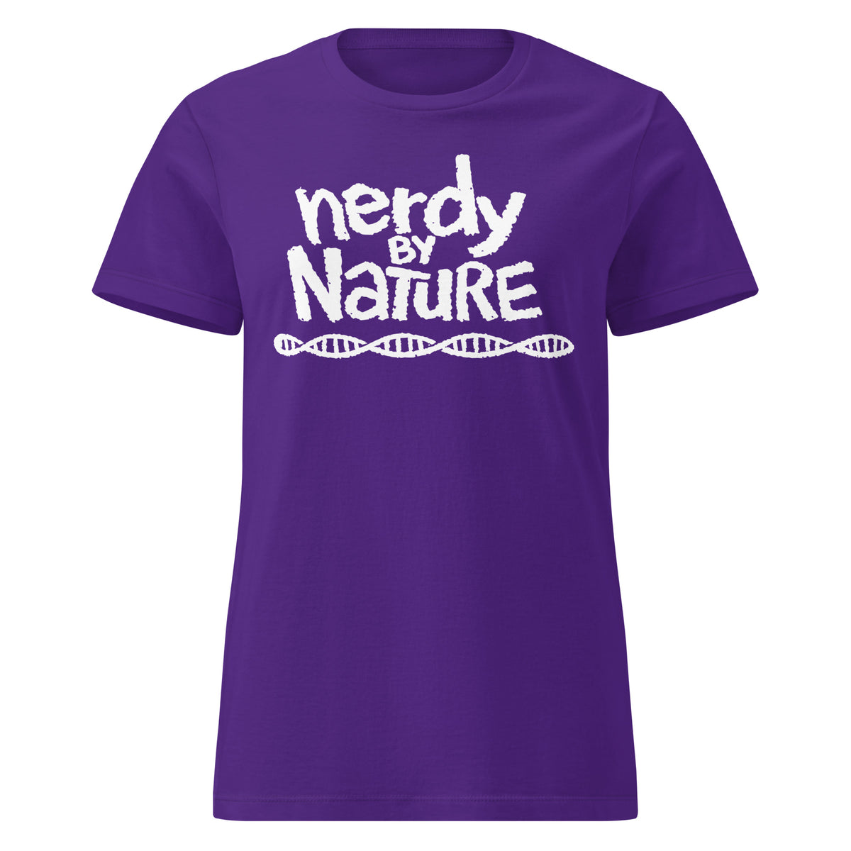 Purple women's T-shirt, front view, featuring the Nerdy By Nature design