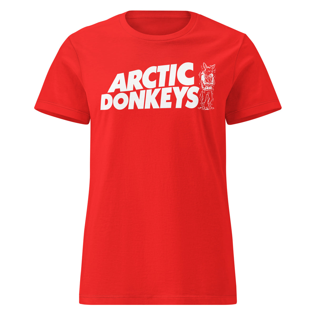 Red women's T-shirt, front view, featuring the Arctic Donkeys design