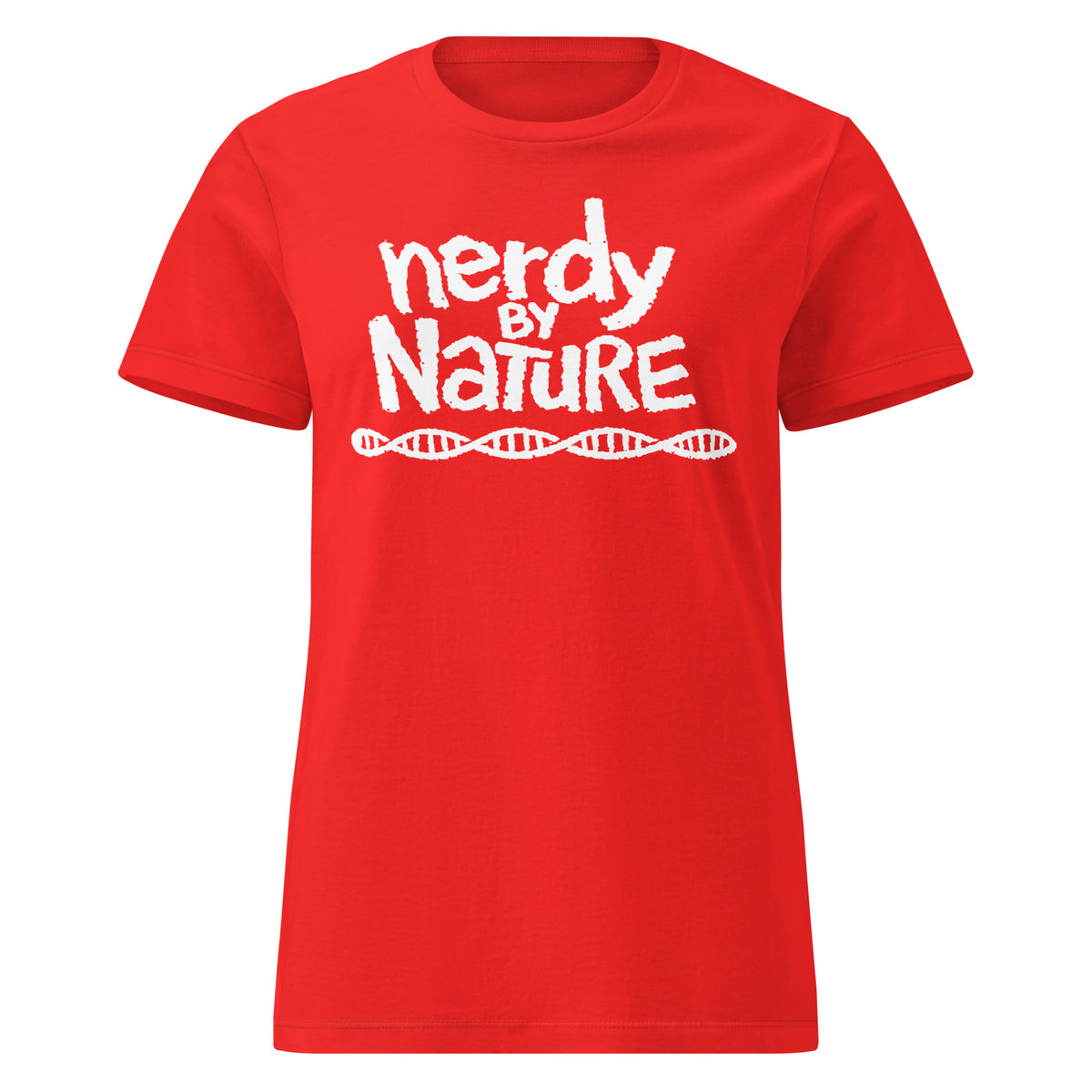 Red women's T-shirt, front view, featuring the Nerdy By Nature design