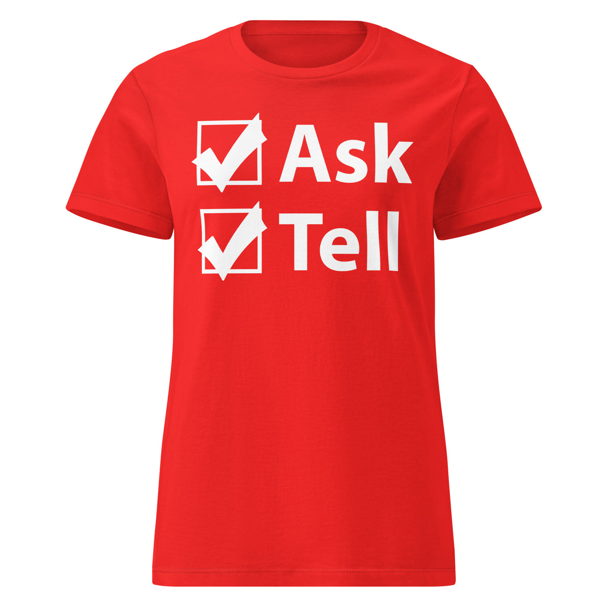 Red women's T-shirt, front view, for the Ask / Tell Pride design with two checked boxes design.