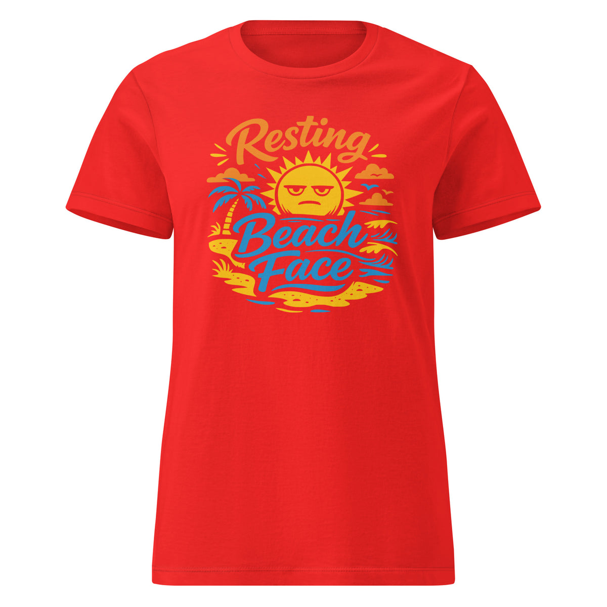 Red women's T-shirt, front view, showing a mockup for Resting Beach Face sunny beach-humor design.