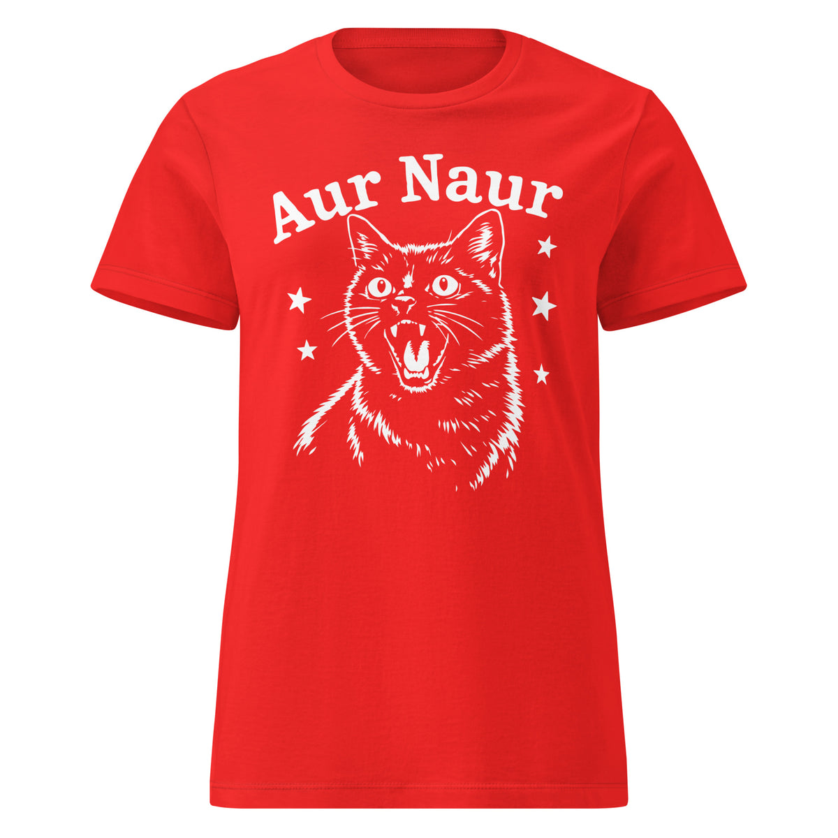 Red women's graphic T-shirt, front view, featuring Aur Naur white cat portrait and music-themed lettering.