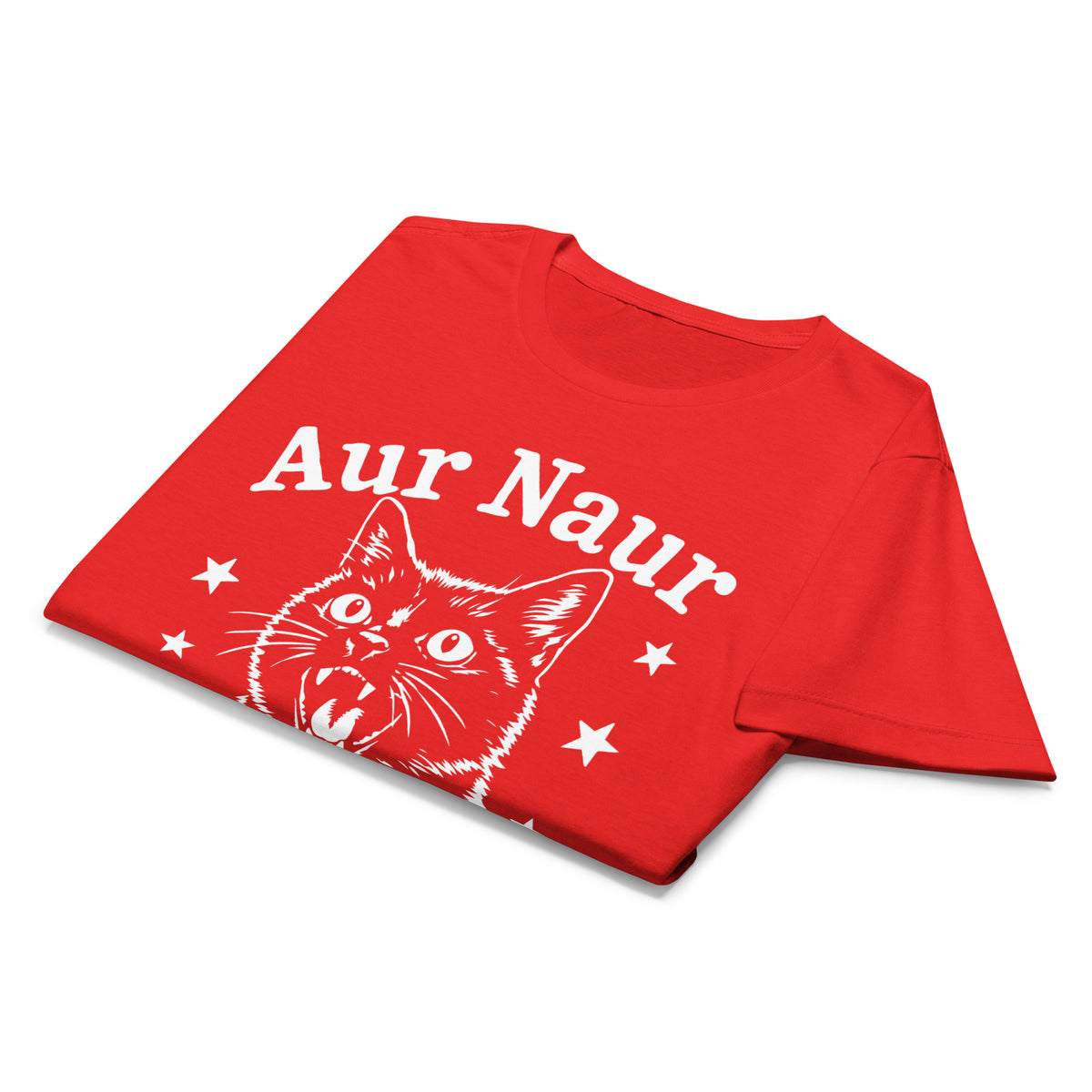 Red women's graphic T-shirt, front view, featuring Aur Naur white cat portrait and music-themed lettering.