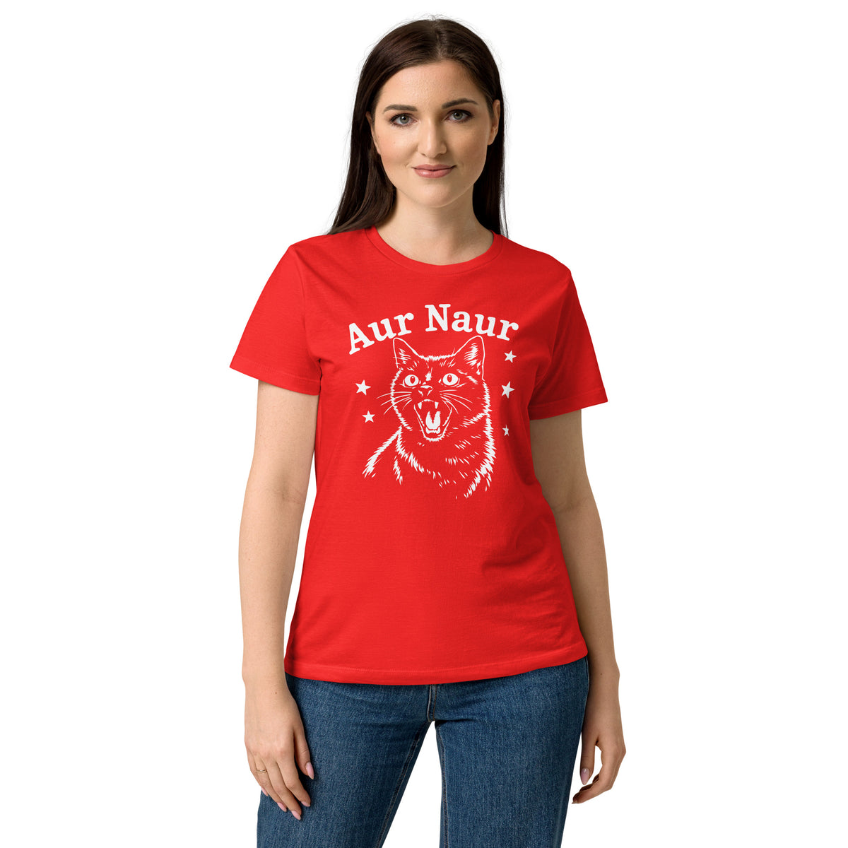 Red women's graphic T-shirt, front view, featuring Aur Naur white cat portrait and music-themed lettering.