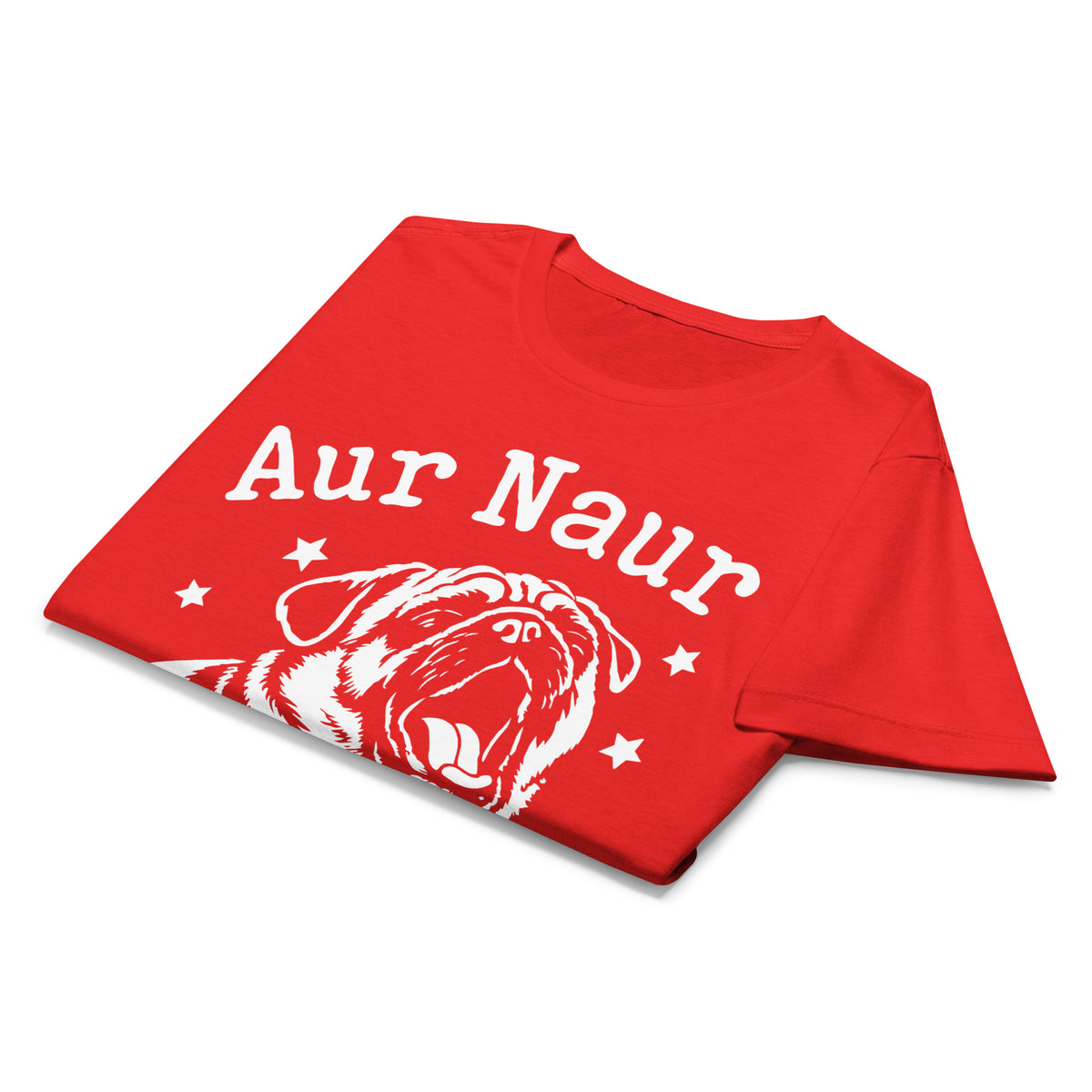 Red women's graphic T-shirt, front view, featuring Aur Naur white pug portrait and star-accented lettering.