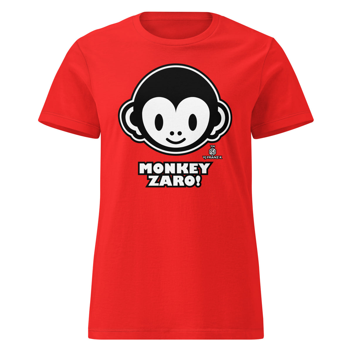 Red women's graphic T-shirt, front view, featuring Monkey Zaro! white cartoon monkey face and lettering.