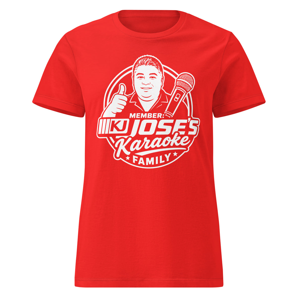 Red women's T-shirt, front view, featuring KJ Jose's Karaoke Family portrait and microphone badge.