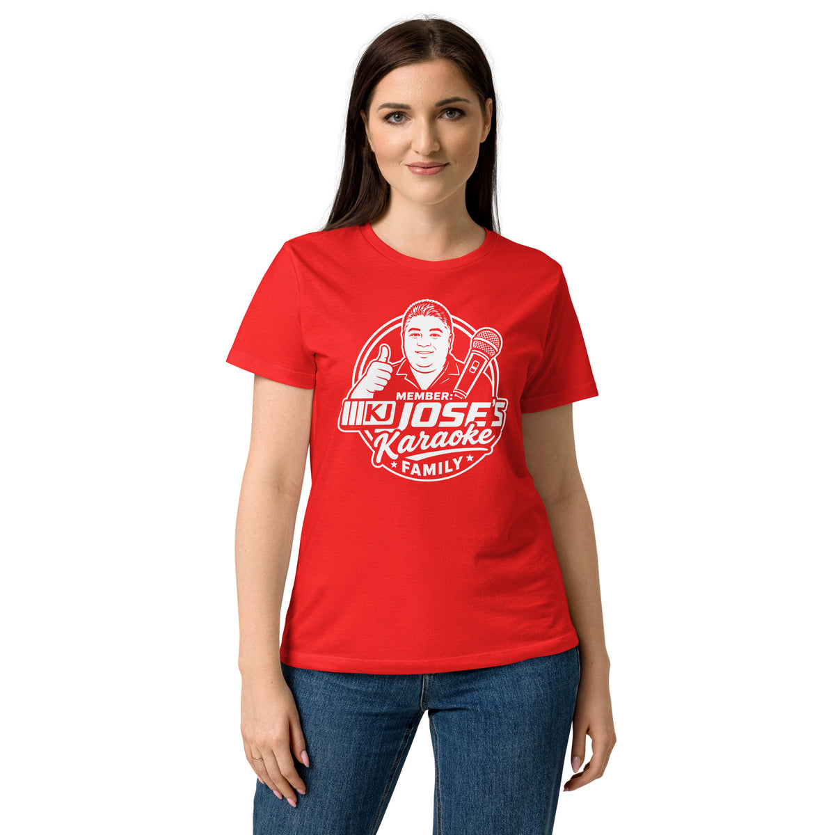 Red women's T-shirt, front view, featuring KJ Jose's Karaoke Family portrait and microphone badge.