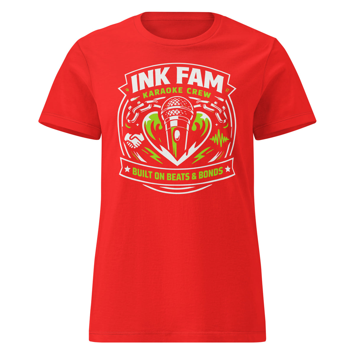 Red women's T-shirt, front view, featuring DJ Ink Beats & Bonds shield with a microphone and green-and-white lettering.
