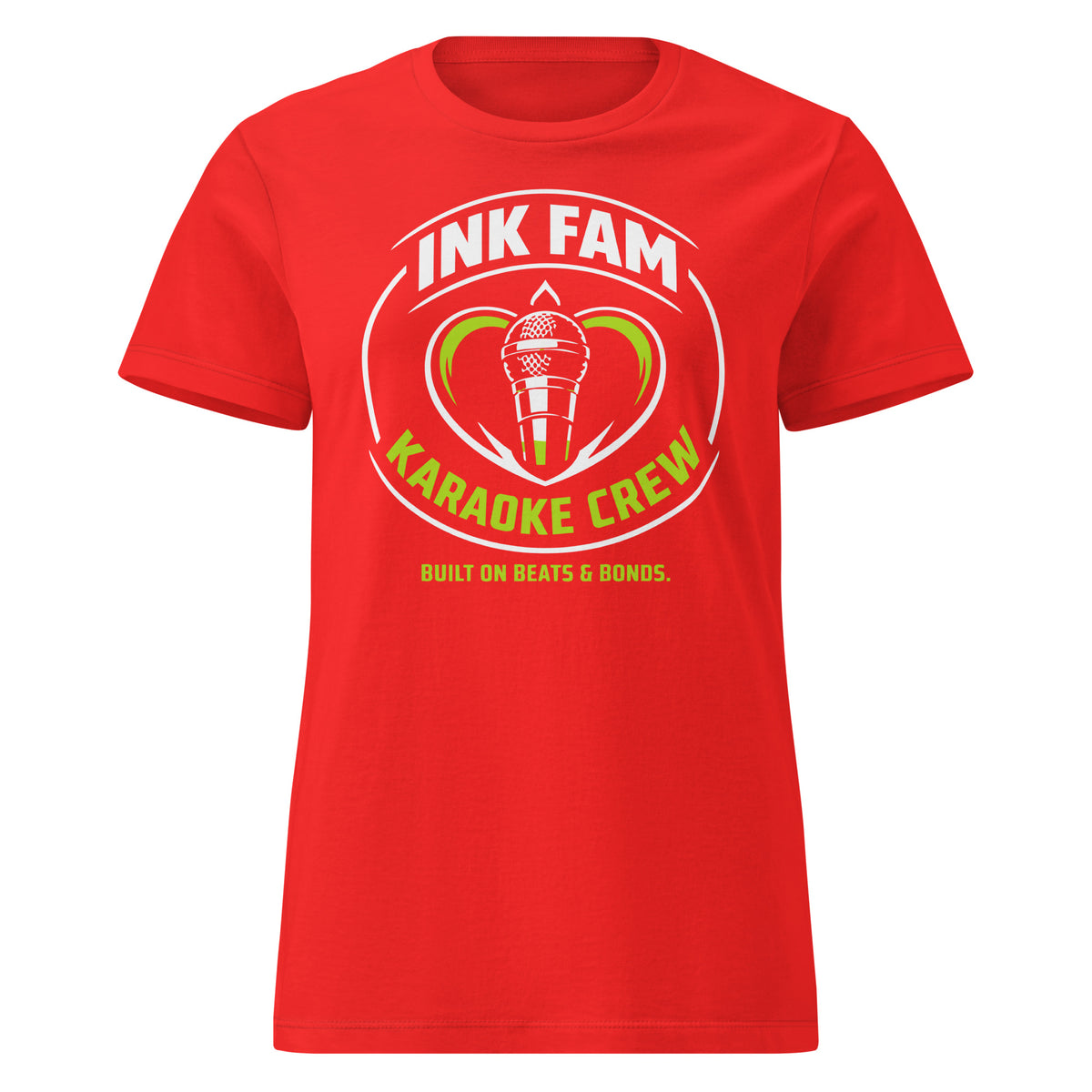 Red women's T-shirt, front view, featuring DJ Ink Fam green-and-white circular microphone badge.