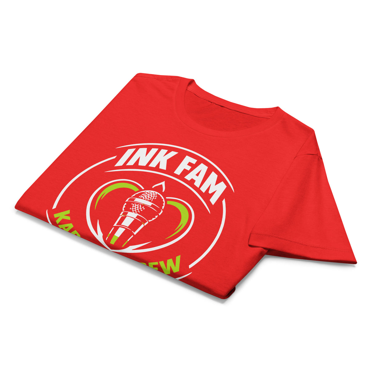 Red women's T-shirt, front view, featuring DJ Ink Fam green-and-white circular microphone badge.