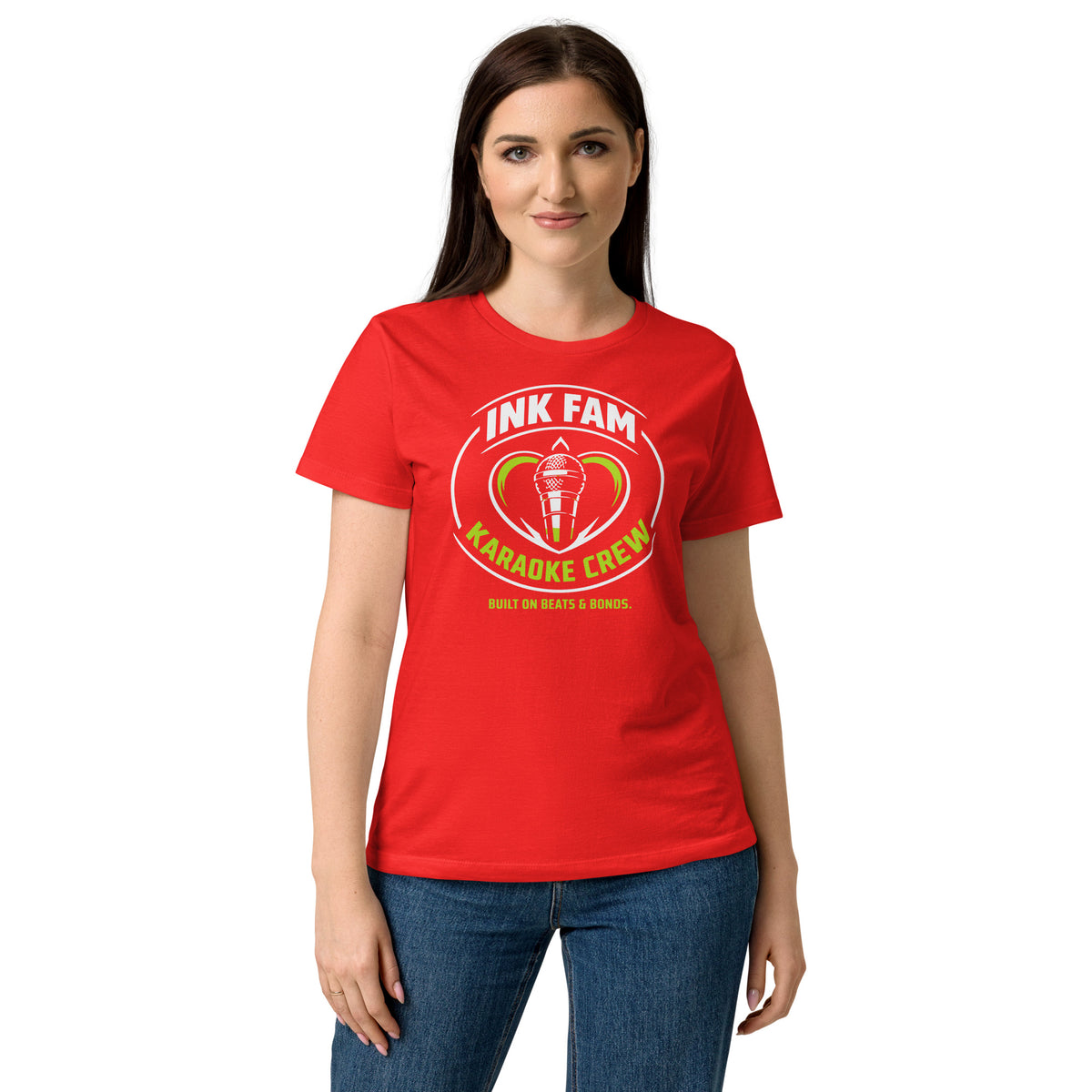 Red women's T-shirt, front view, featuring DJ Ink Fam green-and-white circular microphone badge.