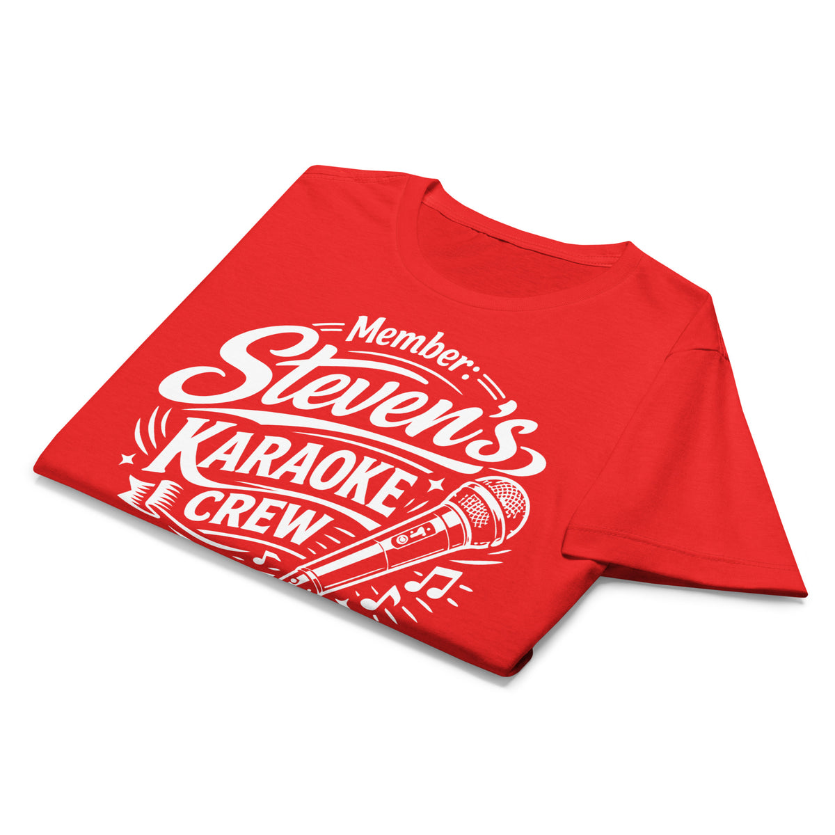 Red women's T-shirt, front view, featuring Steven's Karaoke Crew lettering and microphone graphic.