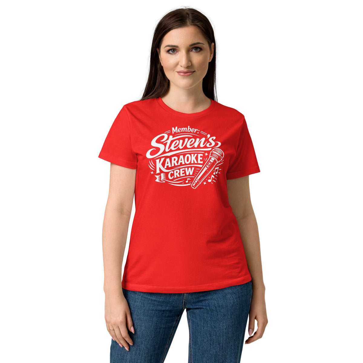 Red women's T-shirt, front view, featuring Steven's Karaoke Crew lettering and microphone graphic.