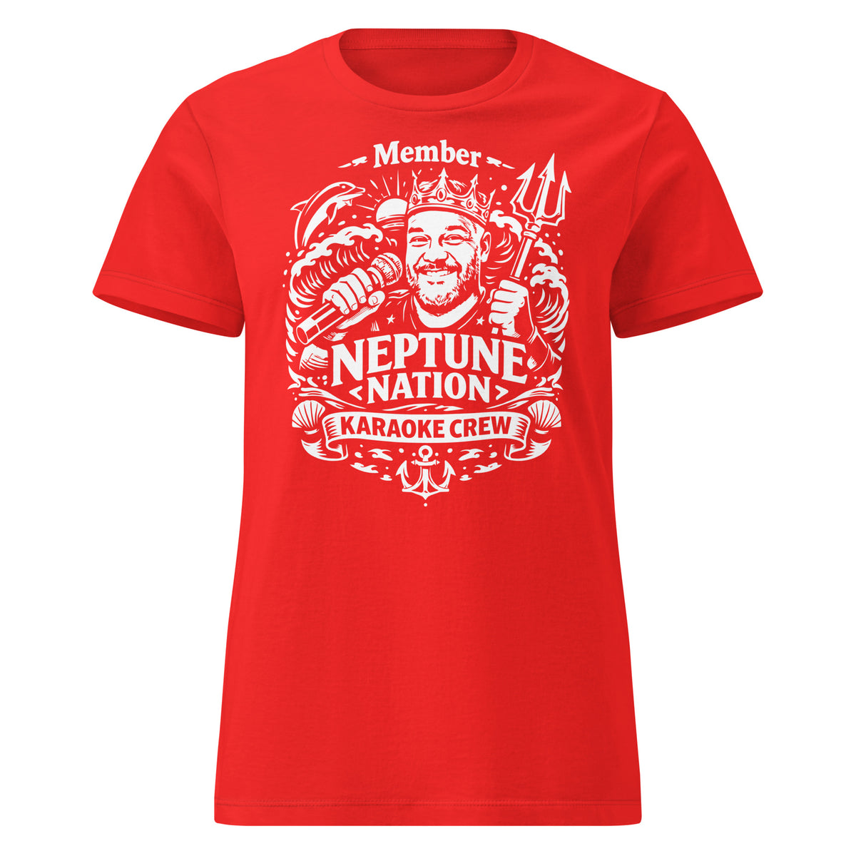 Red women's T-shirt, front view, featuring KJ Neptune's Neptune Nation nautical microphone and trident badge.