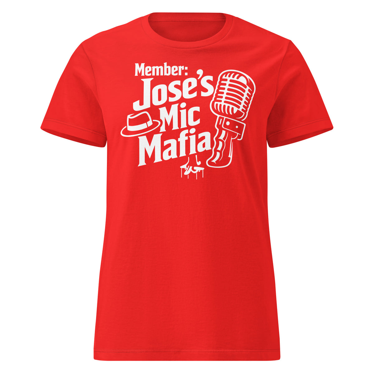 Red women's T-shirt, front view, featuring Jose's Mic Mafia microphone and fedora design.