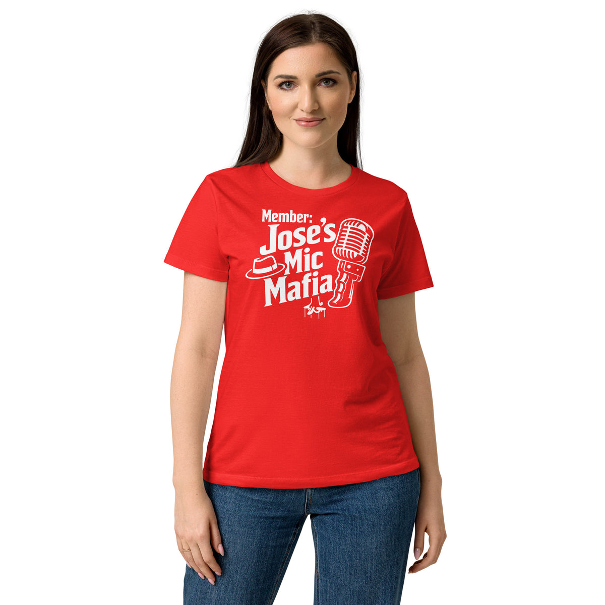 Red women's T-shirt, front view, featuring Jose's Mic Mafia microphone and fedora design.