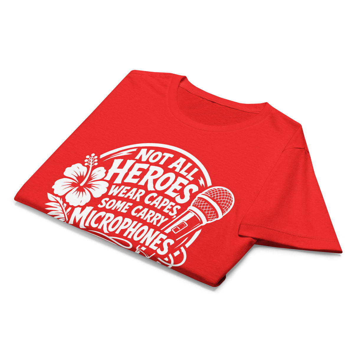 Red women's T-shirt, front view, featuring Kaleo's Karaoke Heroes 'Not All Heroes Wear Capes, Some Carry Microphones' graphic.