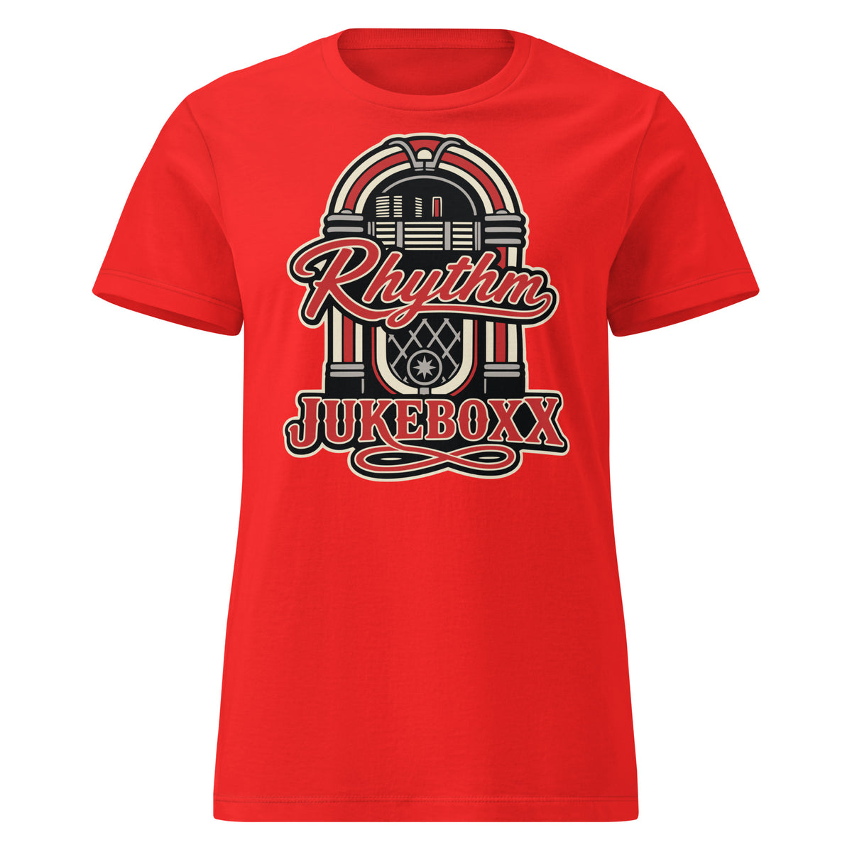 Red women's T-shirt, front view, featuring Rhythm Jukeboxx red-and-cream retro jukebox graphic.