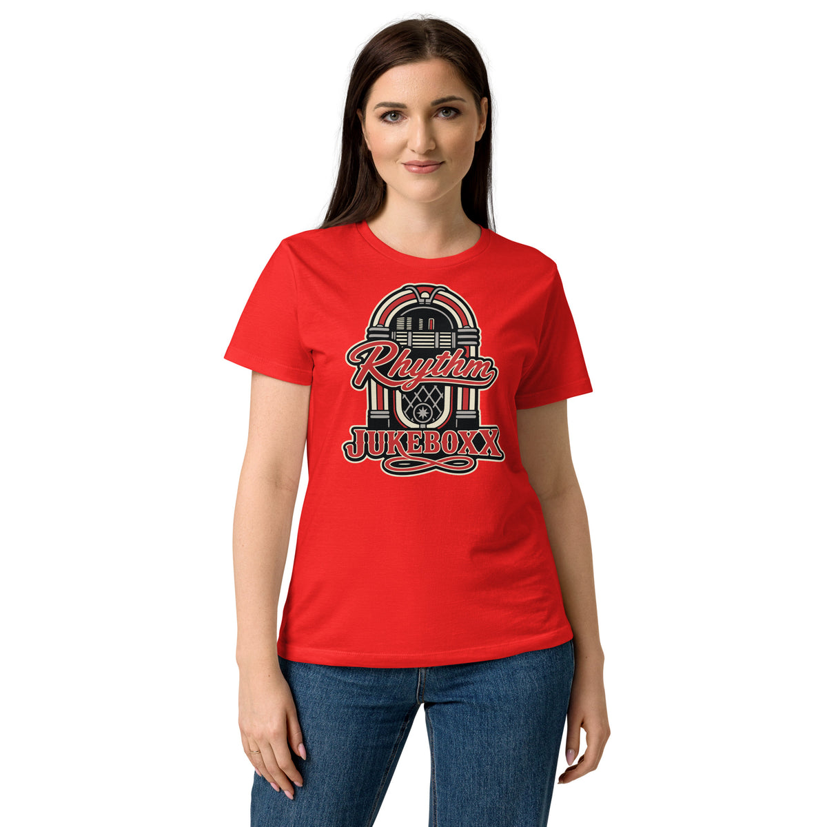 Red women's T-shirt, front view, featuring Rhythm Jukeboxx red-and-cream retro jukebox graphic.