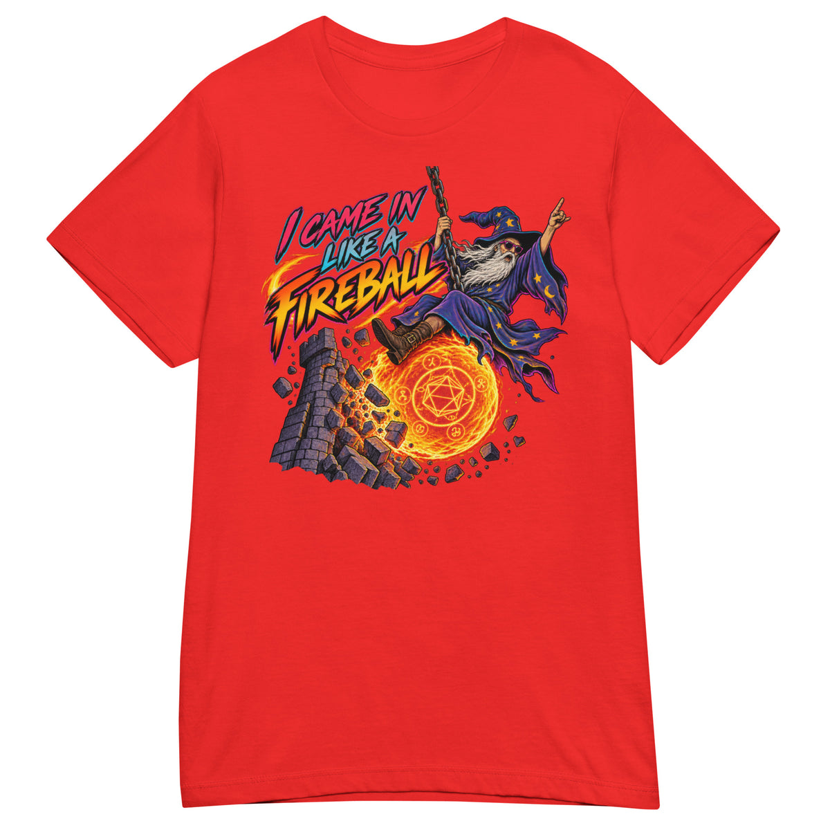 Red women's T-shirt, front view, featuring the I Came In Like a Fireball wizard design