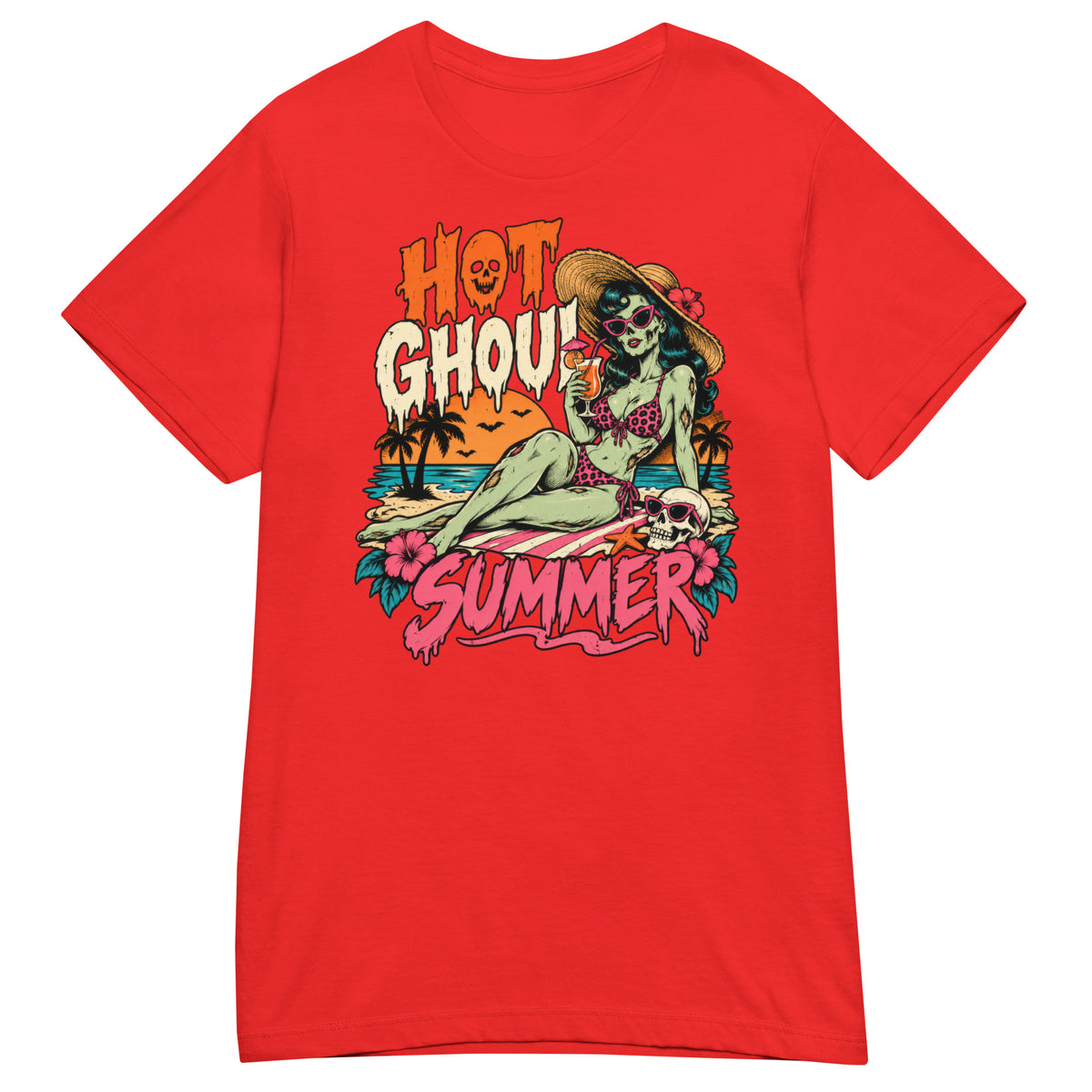 Red women's T-shirt, front view, featuring the Hot Ghoul Summer zombie pin-up design