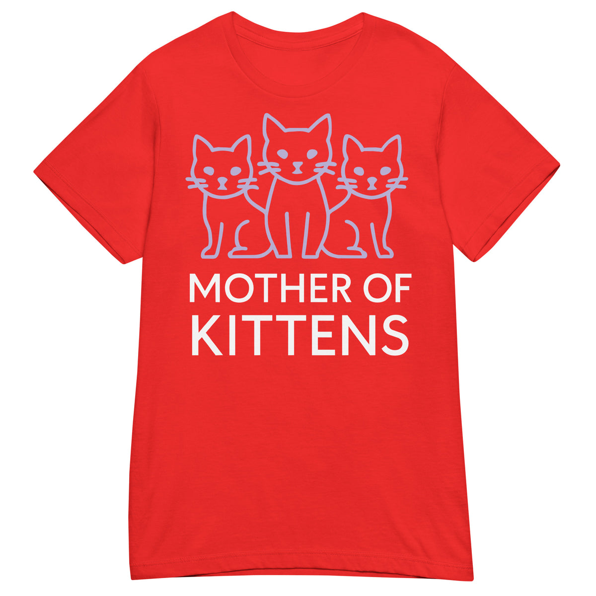 Red women's T-shirt, front view, featuring the Mother of Kittens Three Cats design