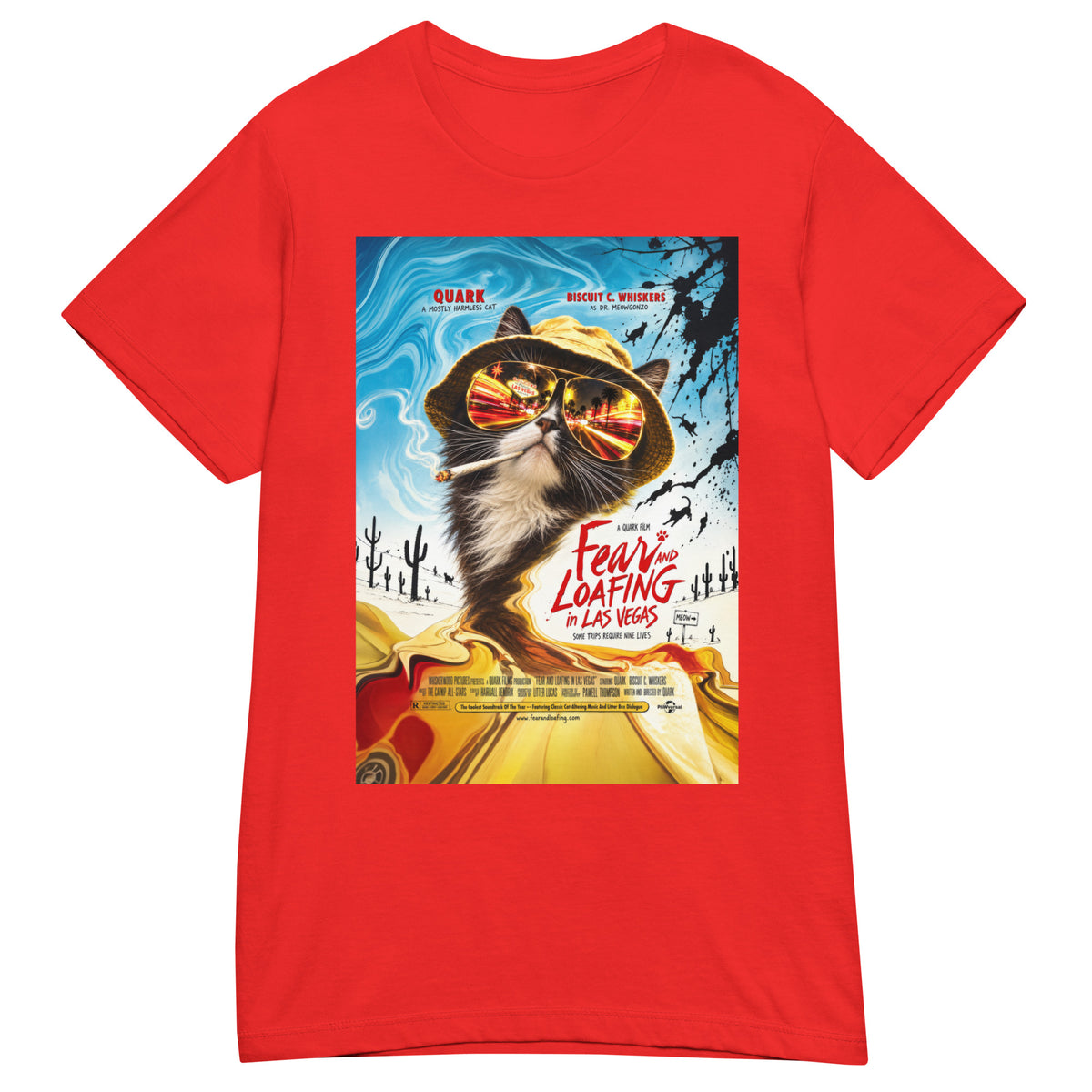 Red women's T-shirt, front view, featuring the Fear and Loafing in Las Vegas Quark cat poster design