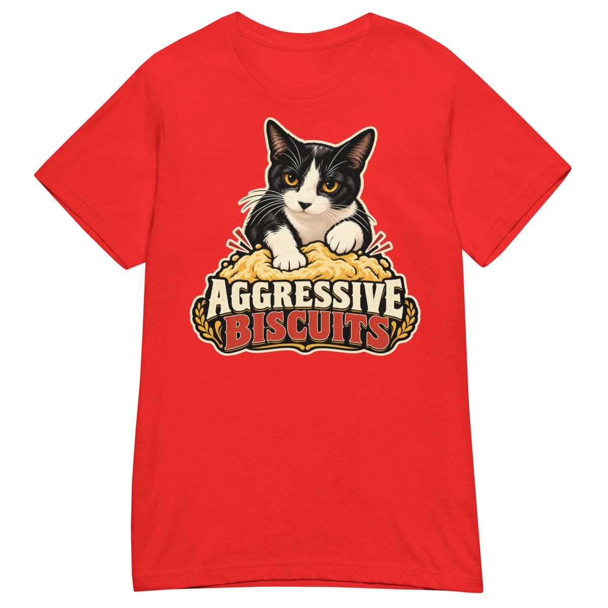 Red women's T-shirt, front view, featuring the Aggressive Biscuits kneading tuxedo cat design
