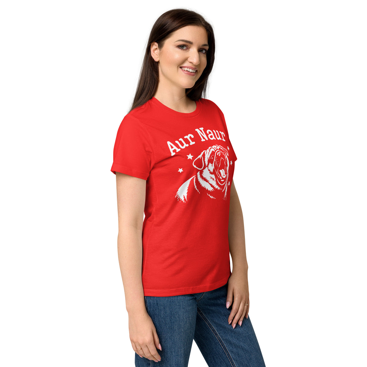 Red women's graphic T-shirt, right-front angled view, featuring Aur Naur white pug portrait and star-accented lettering.