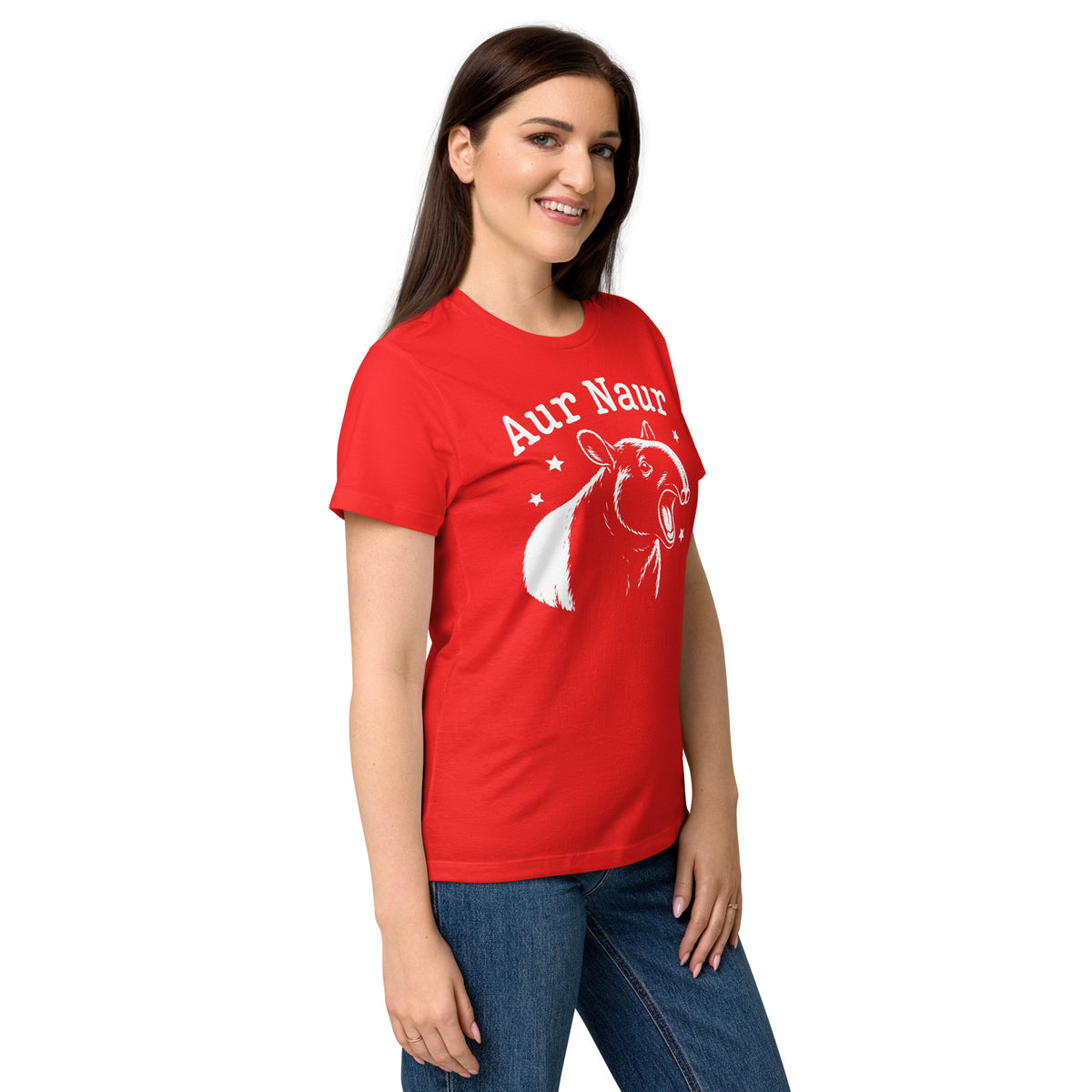 Red women's graphic T-shirt, right-front angled view, featuring Aur Naur white tapir portrait, stars and lettering.