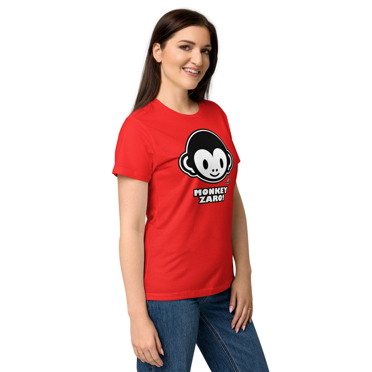 Red women's graphic T-shirt, right-front angled view, featuring Monkey Zaro! white cartoon monkey face and lettering.