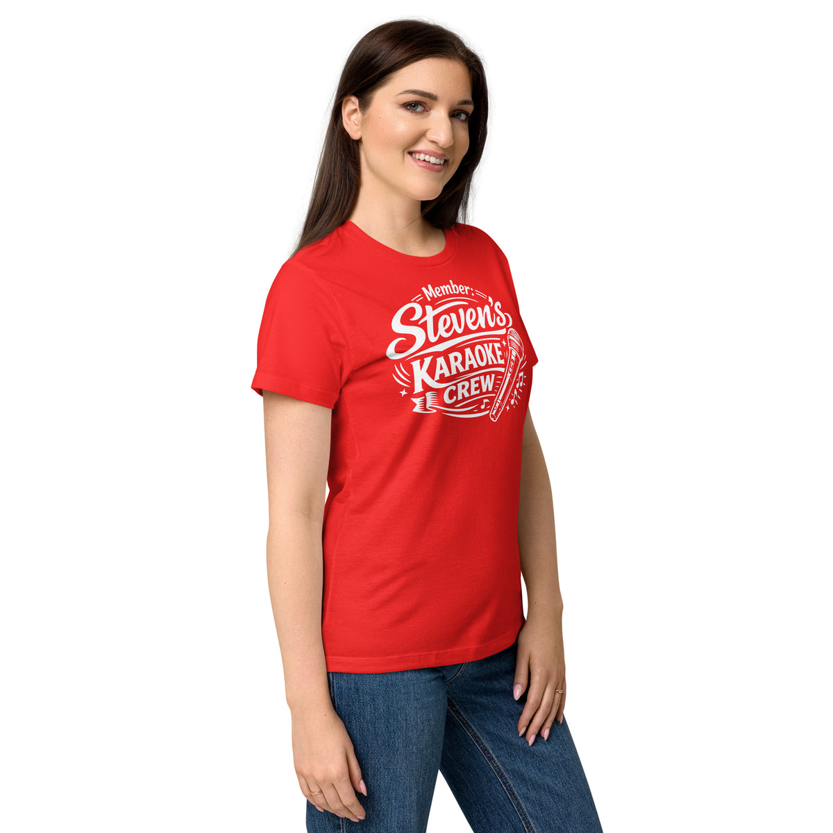Red women's T-shirt, right-front angled view, featuring Steven's Karaoke Crew lettering and microphone graphic.
