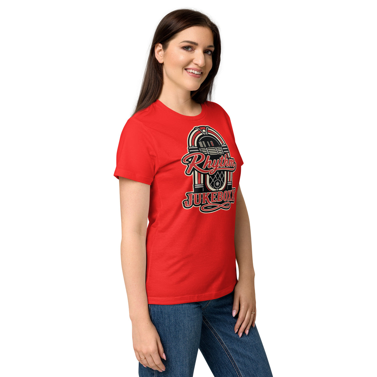 Red women's T-shirt, right-front angled view, featuring Rhythm Jukeboxx red-and-cream retro jukebox graphic.