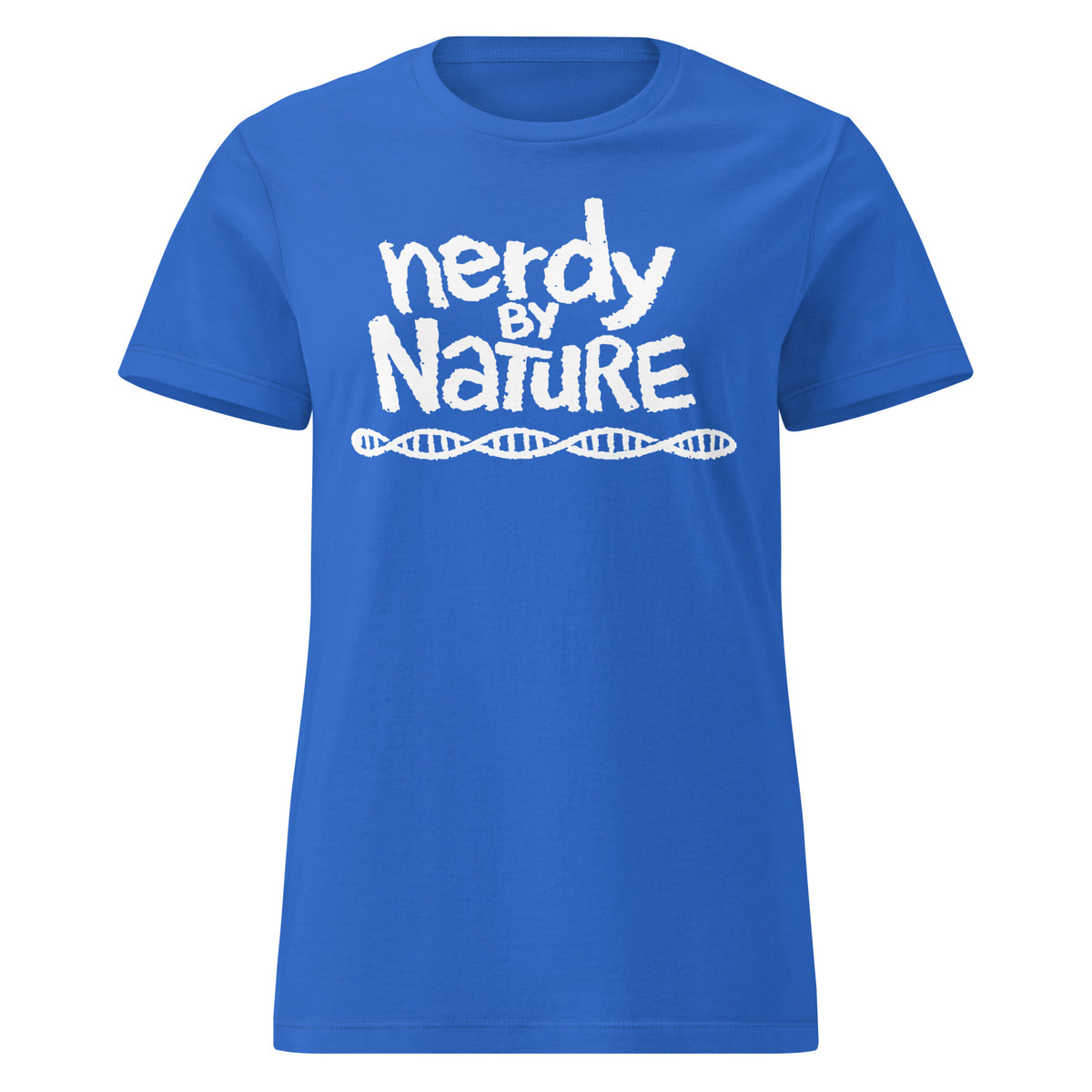 Royal women's T-shirt, front view, featuring the Nerdy By Nature design