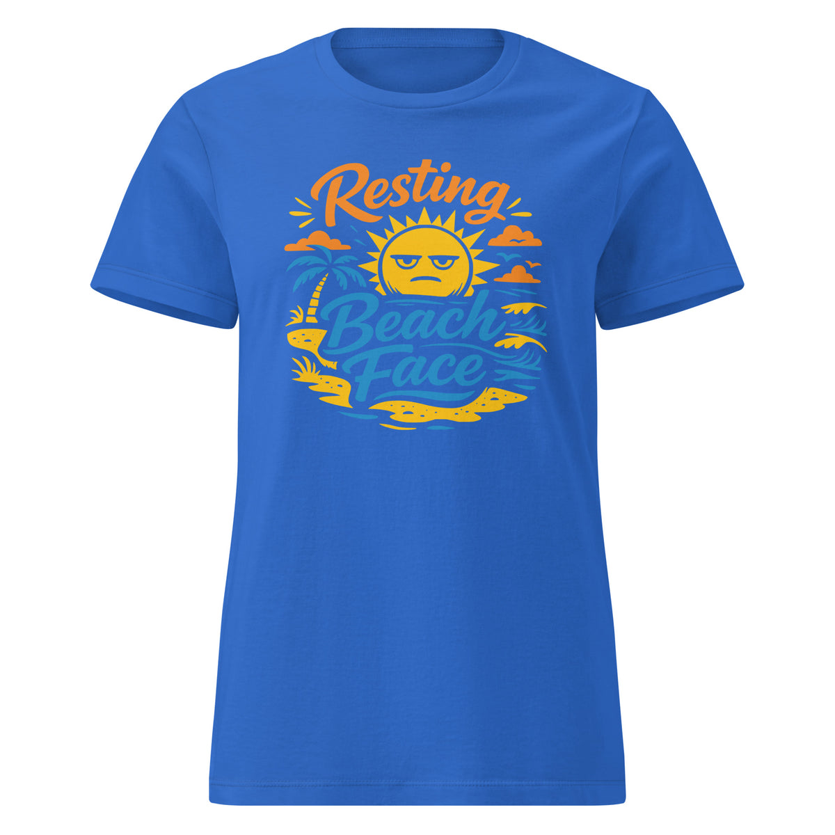 Royal women's T-shirt, front view, showing a mockup for Resting Beach Face sunny beach-humor design.