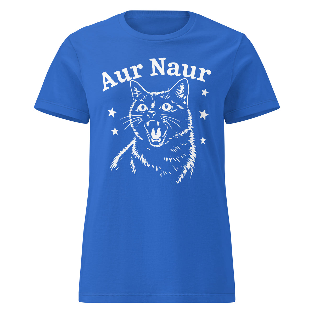 Royal women's graphic T-shirt, front view, featuring Aur Naur white cat portrait and music-themed lettering.