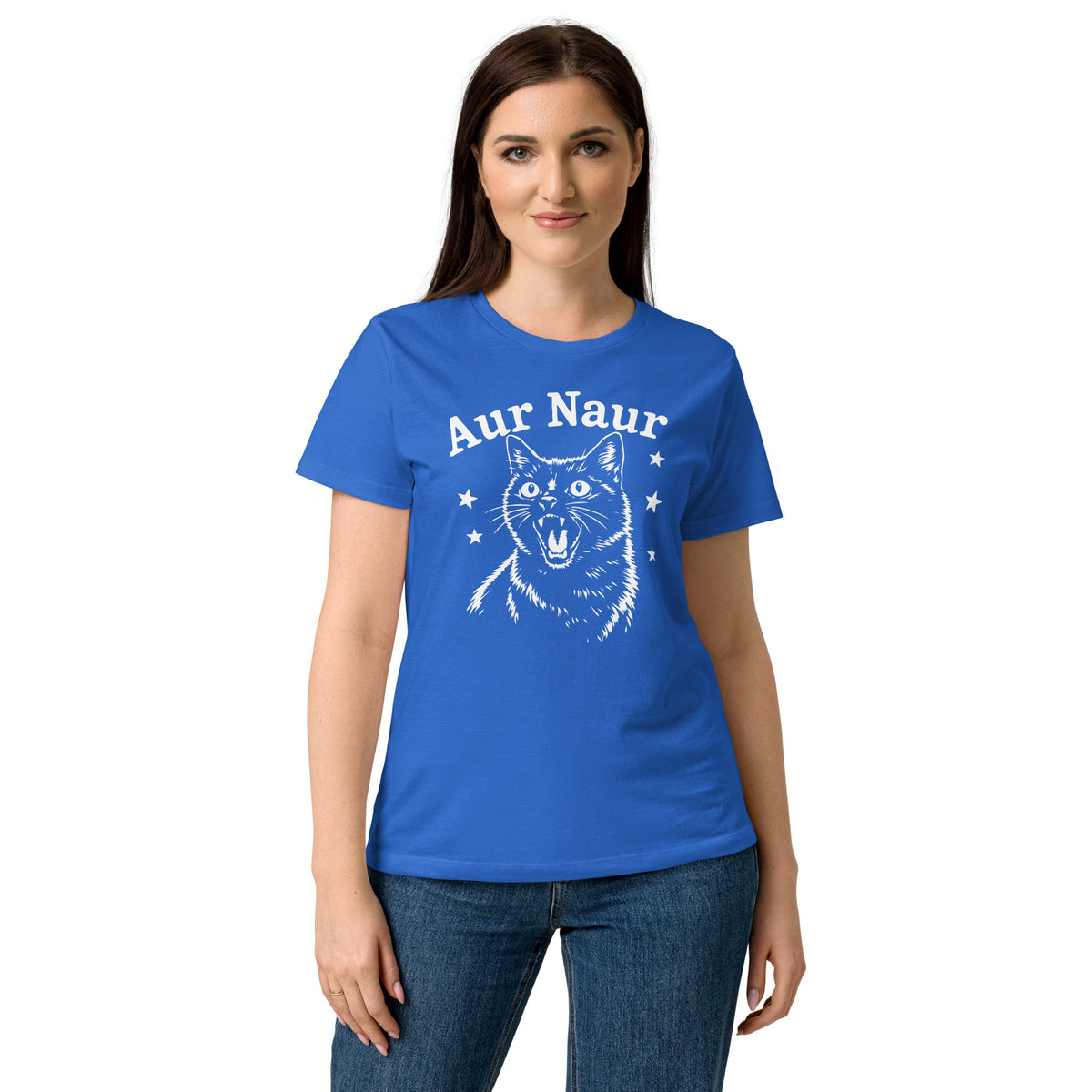 Royal women's graphic T-shirt, front view, featuring Aur Naur white cat portrait and music-themed lettering.