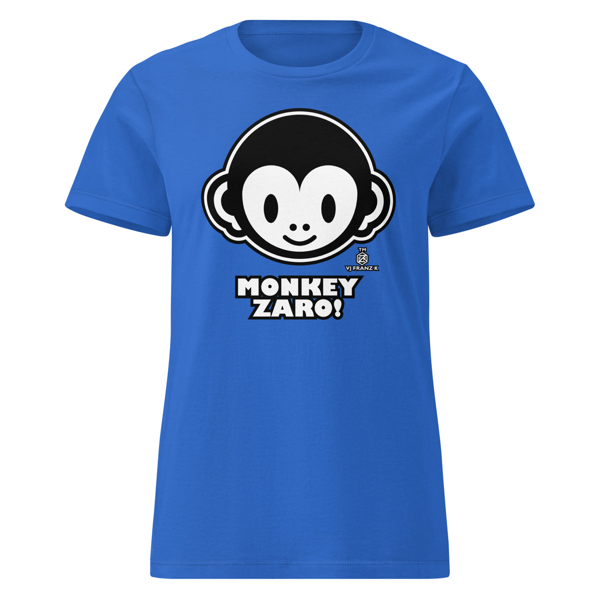 Royal women's graphic T-shirt, front view, featuring Monkey Zaro! white cartoon monkey face and lettering.