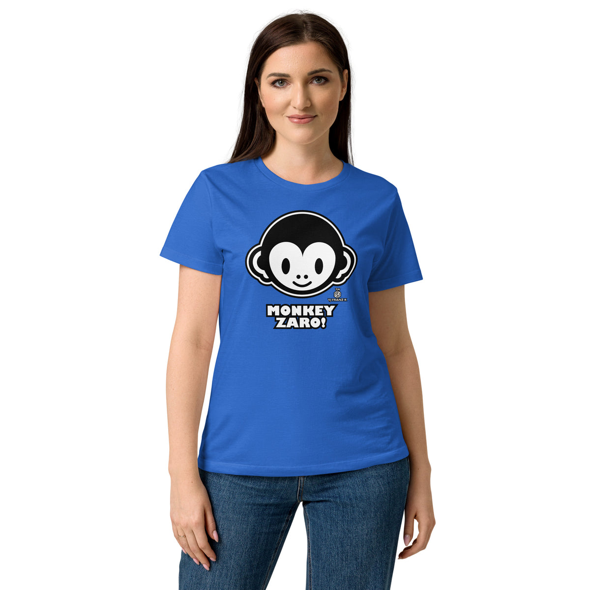 Royal women's graphic T-shirt, front view, featuring Monkey Zaro! white cartoon monkey face and lettering.