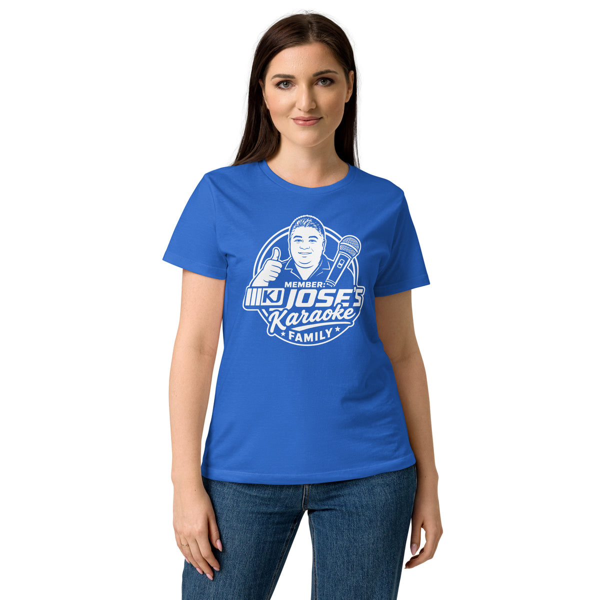 Royal women's T-shirt, front view, featuring KJ Jose's Karaoke Family portrait and microphone badge.